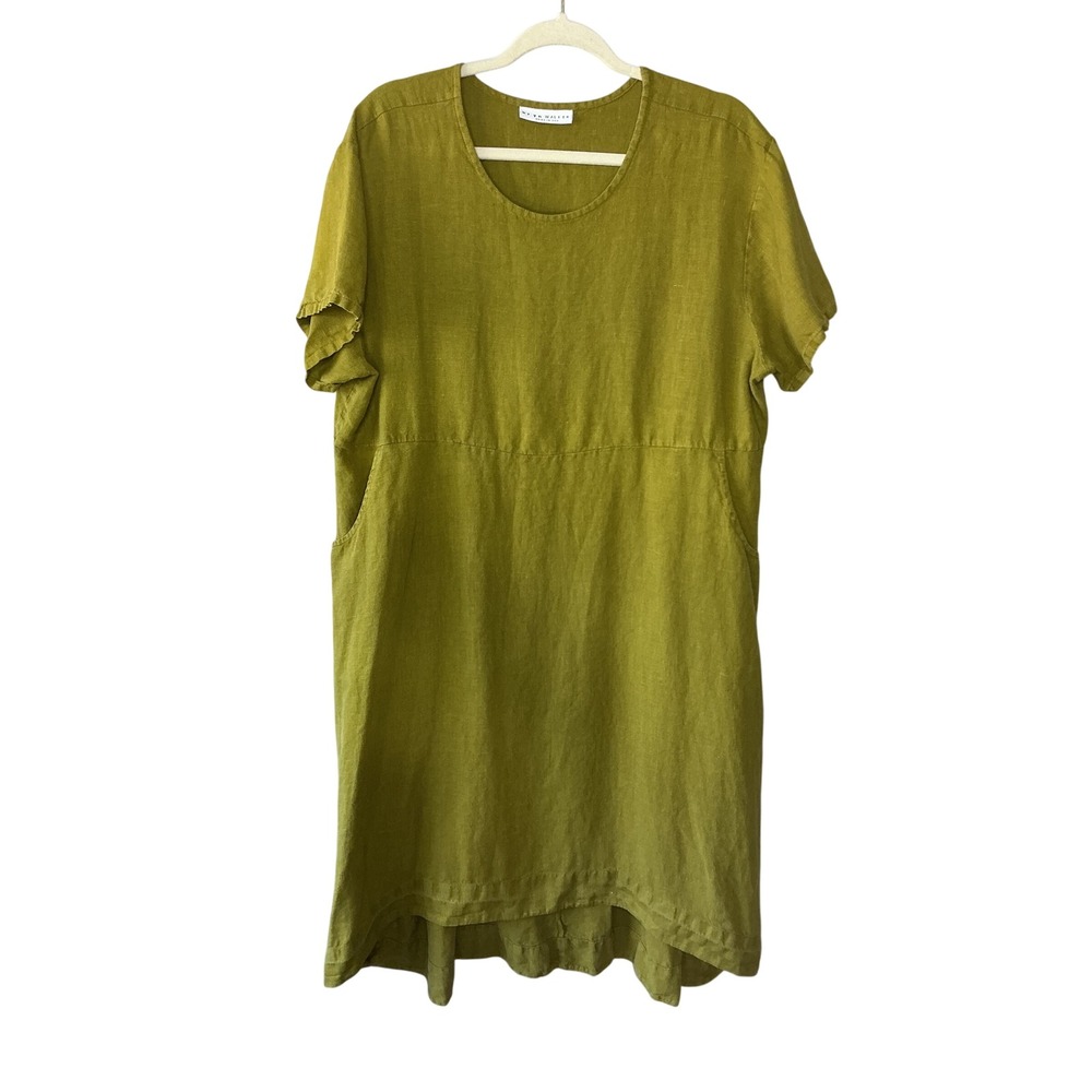Bryn Walker Olive Green Linen Shift Dress Short Sleeve Pockets Small USA Made